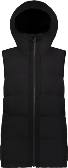 A black, sleeveless, hooded puffer jacket with a center zipper.