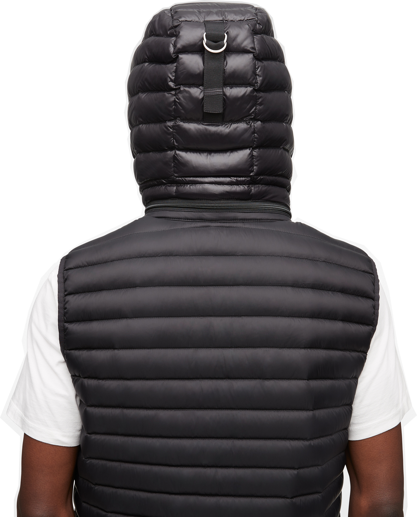 Black puffer vest with attached hood seen from the back.
