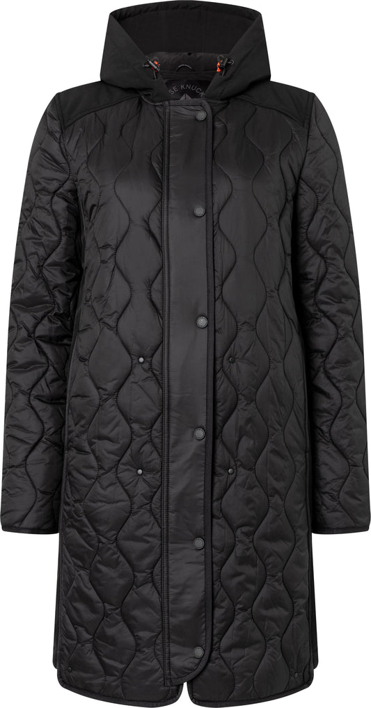 Black quilted coat with a hood and button closure.
