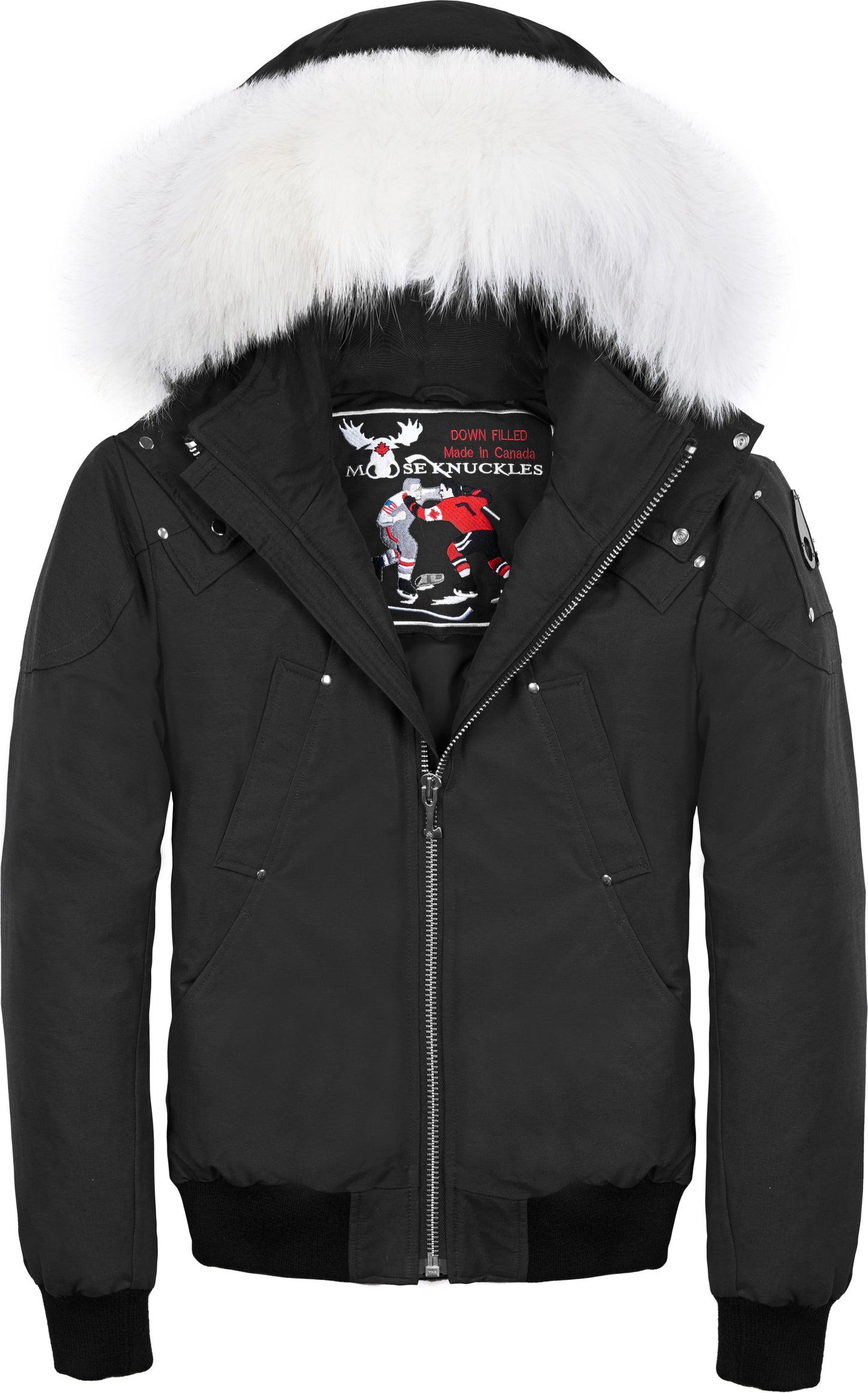 Black bomber jacket with a white fur-trimmed hood.