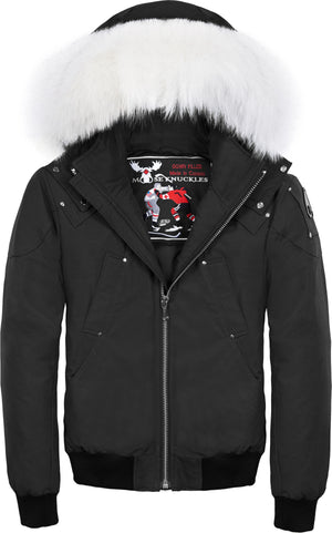 Black bomber jacket with a white fur-trimmed hood.