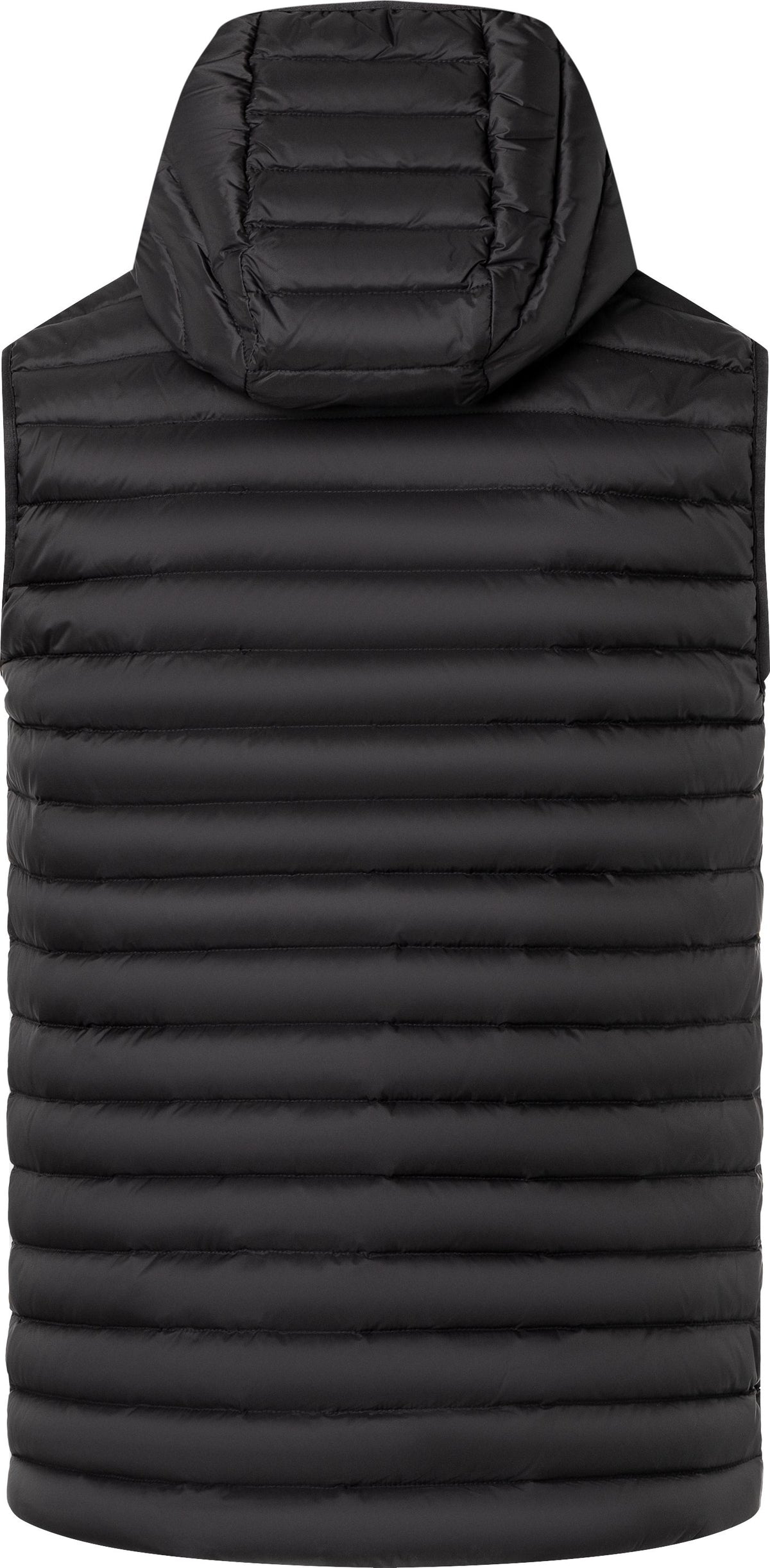 Sleeveless black puffer jacket with hood, back view.