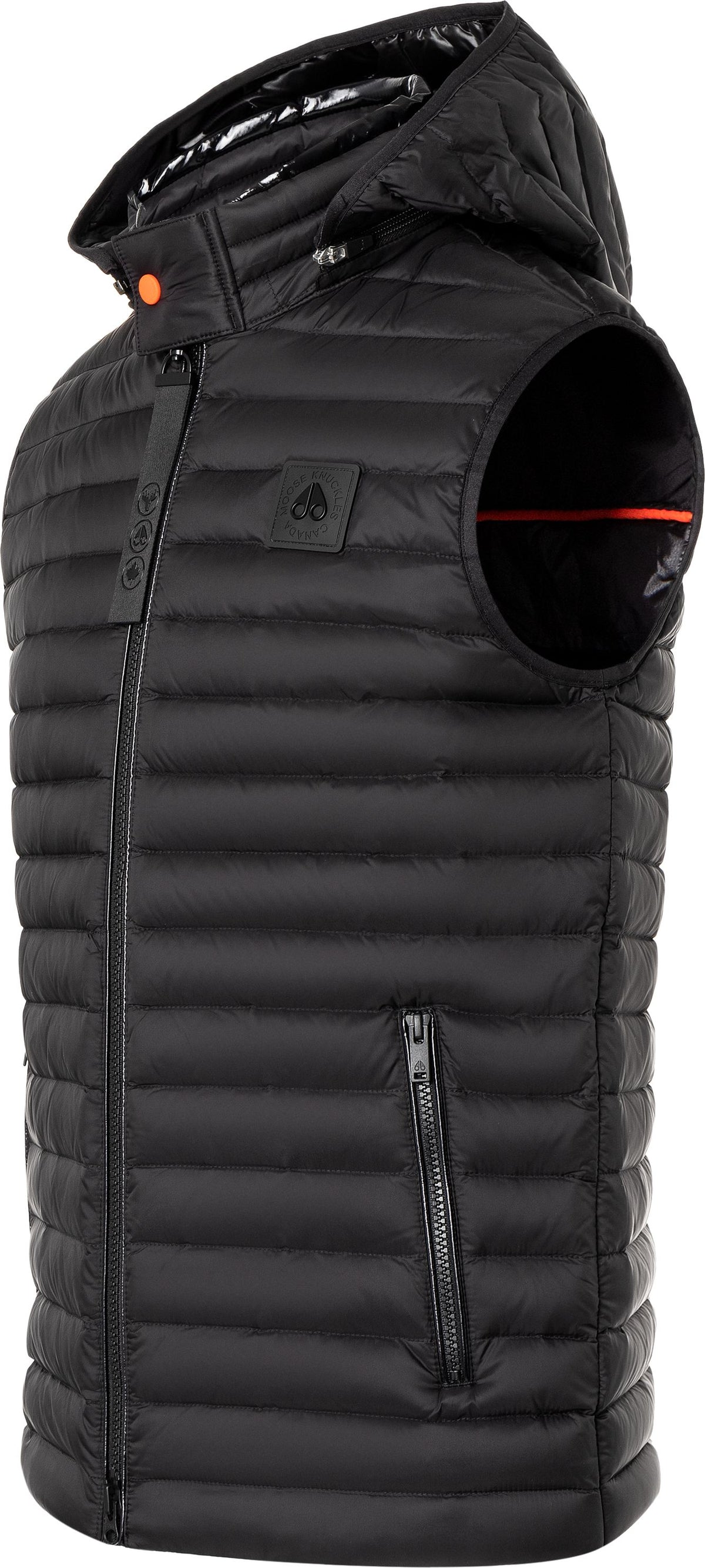 Black hooded puffer vest with side zipper pocket.