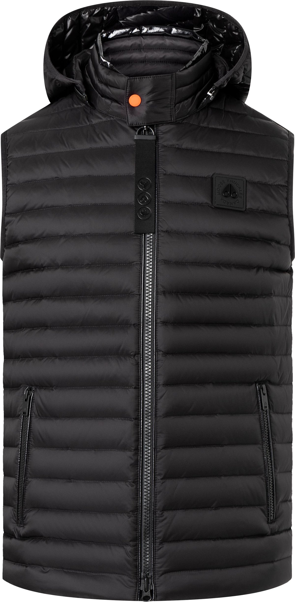 Black puffer vest with hood and front zipper.