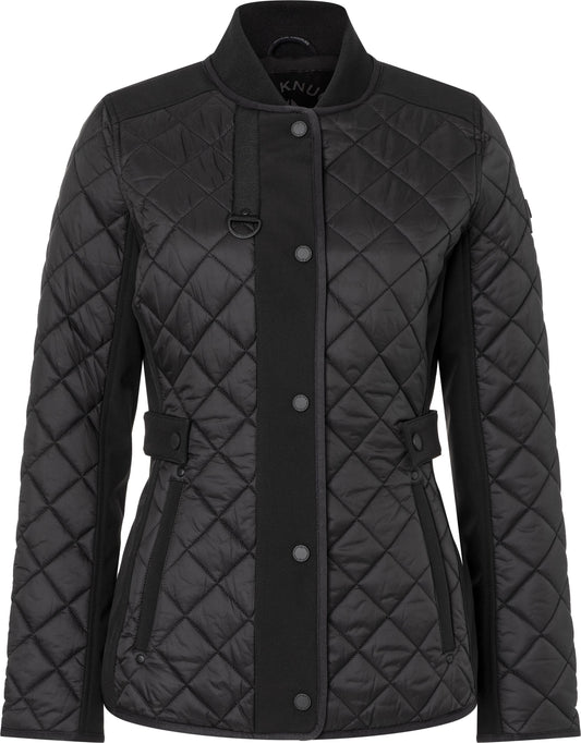 Black quilted bomber jacket with snap closure and decorative waist tabs.