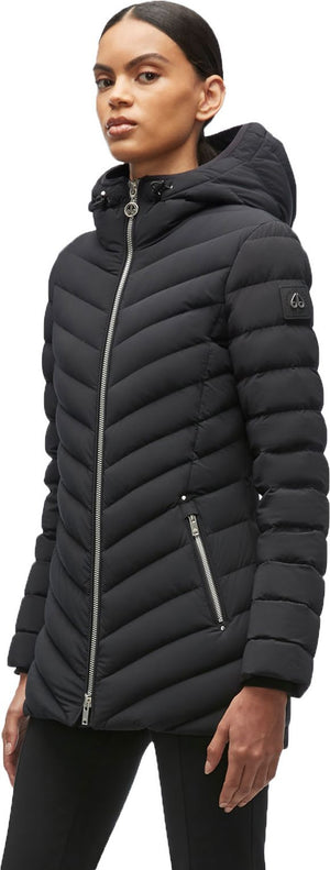 A Black puffer coat with a zipper and hood on a woman.