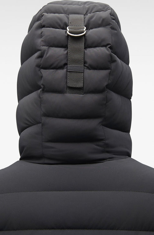 Close up of a dark puffy hood.