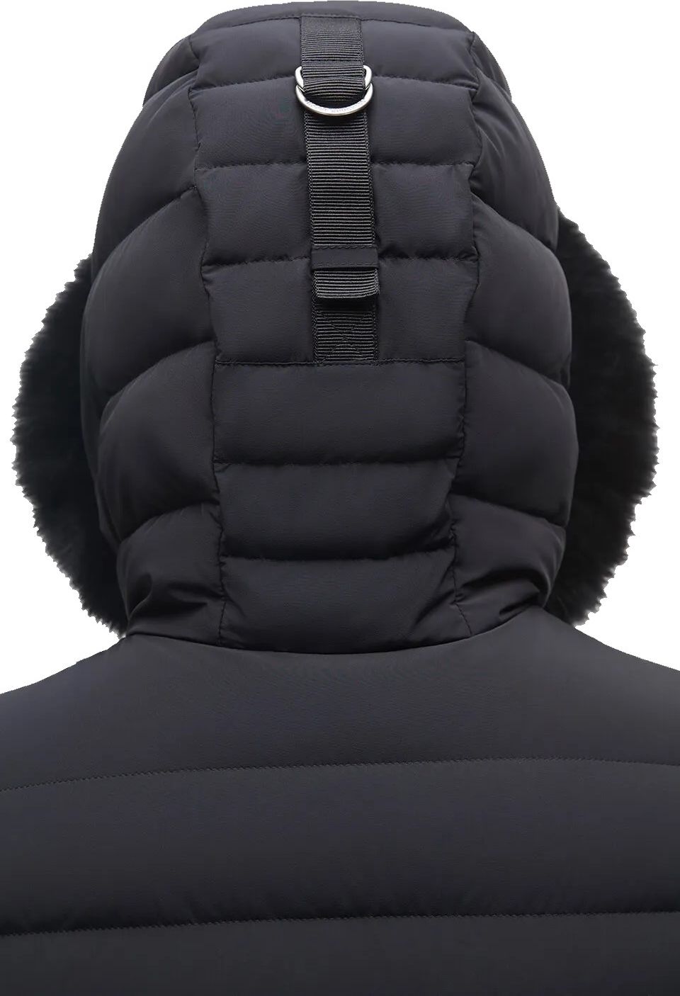 Close-up of the back of a black puffer coat with a large, quilted hood and faux fur trim.