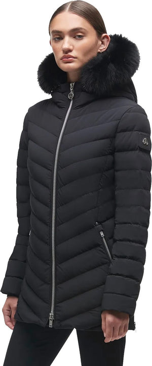 A black down puffer jacket with fur trim hood and silver zipper.