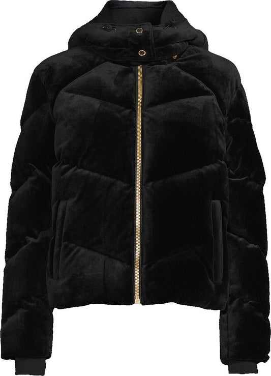Black quilted velvet puffer jacket with gold zipper and hood.