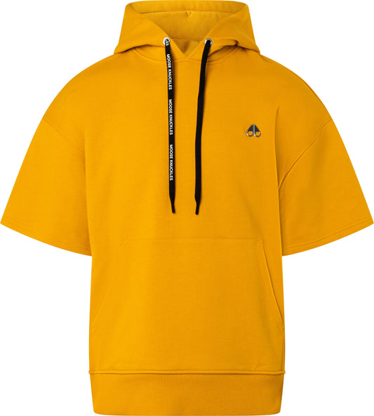 Golden-yellow short-sleeve hoodie with black drawstrings and small logo on chest.