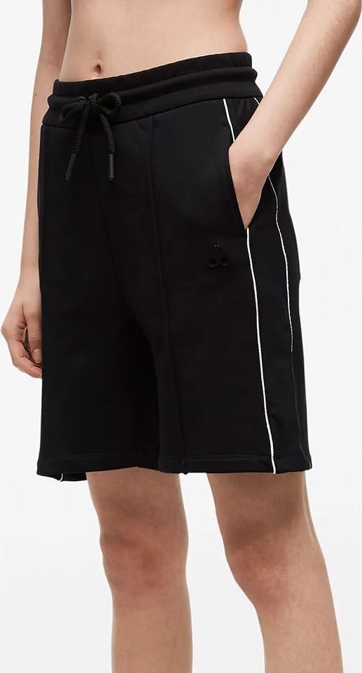 Knee-length black shorts with white side stripes and drawstring waist.