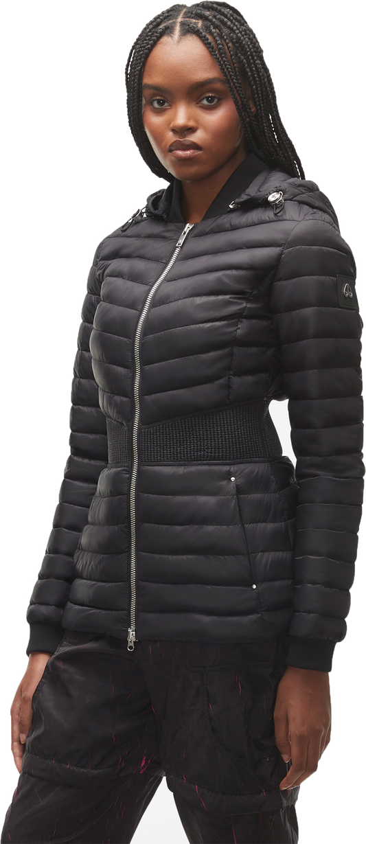 A Black woman wearing a black puffer jacket with hood and a silver zipper, and black sweatpants.