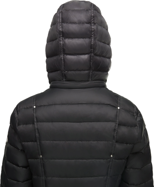 Back view of a black puffer jacket with a hood.