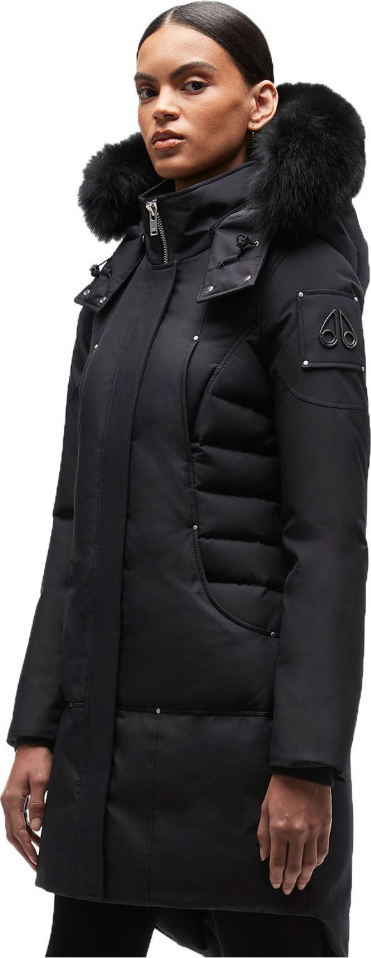 Black puffer coat with fur-trimmed hood.