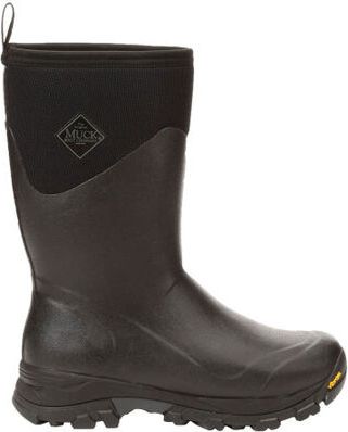 Dark brown, mid-calf rubber boot with a black fabric shaft.