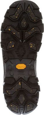 Bottom view of a dark colored boot sole with vibram branding and yellow ice grips.