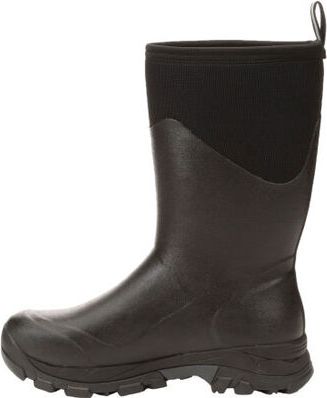 Dark brown rubber mid-calf boot with black fabric upper and lug sole.