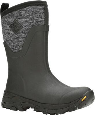 Mid-calf black rubber boot with a gray upper textile.