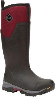 Tall black and maroon rubber boot with lug sole.
