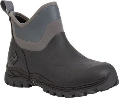 Black rubber ankle boot with gray trim and a loop on the heel.