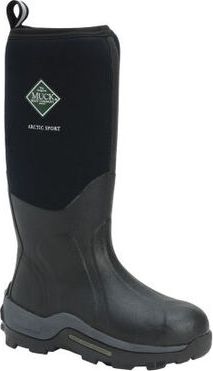 Black rubber boot with neoprene shaft, a diamond logo that says "MUCK" and "ARCTIC SPORT".