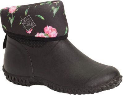 Black short boot with floral pattern at top.