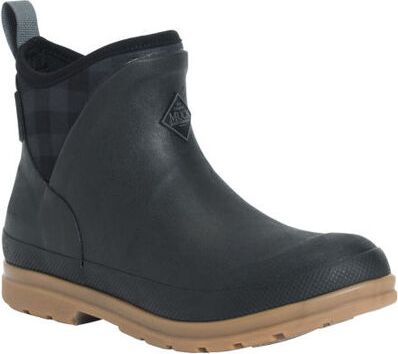Black waterproof ankle boot with tan sole and pull tab.