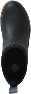 Black slip-on boot with a small gray fabric loop at the back of the ankle.