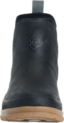 Front view of a short black rubber boot with a brown sole and gray loop.