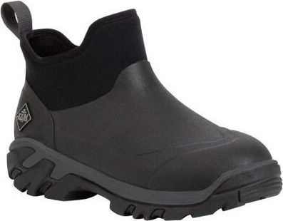 Black short rubber boot with a fabric collar and a pull tab.