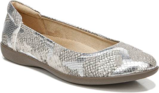 Silver snake-print ballet flat with rounded toe and elasticized topline.