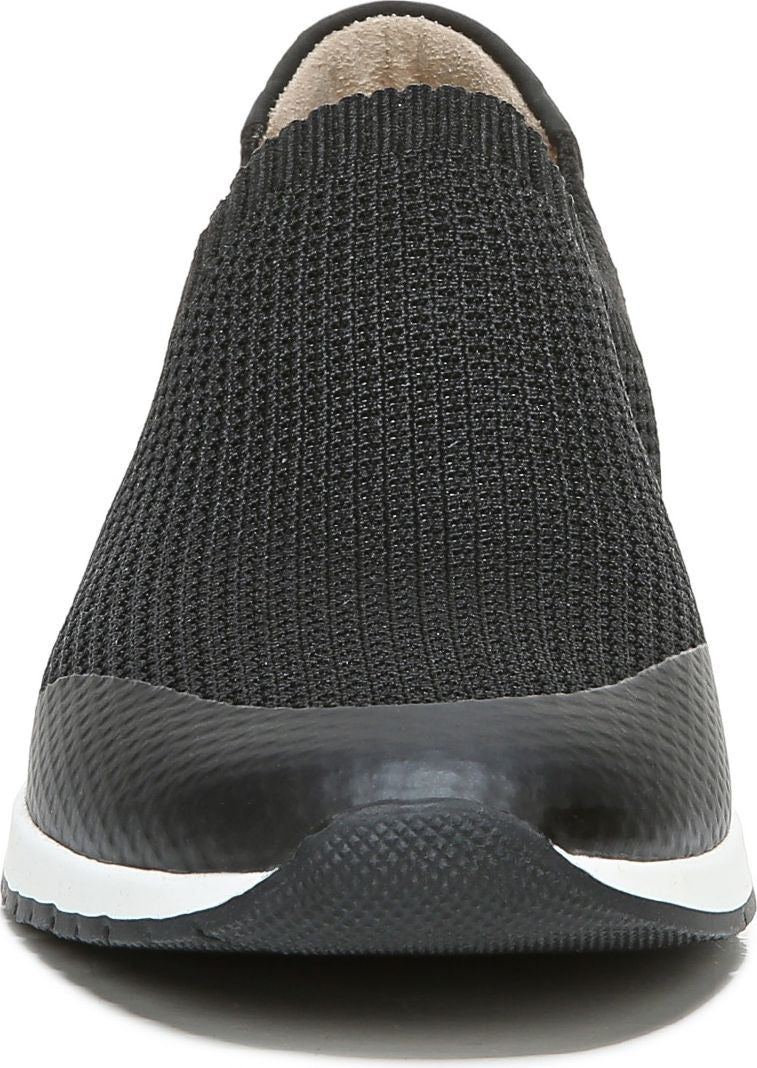 Front view of a black, slip-on shoe with a textured knit upper and a black sole with a white stripe.