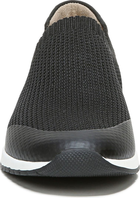 Front view of a black, slip-on shoe with a textured knit upper and a black sole with a white stripe.