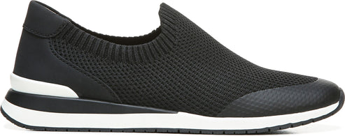 A black slip-on sneaker with a white sole.