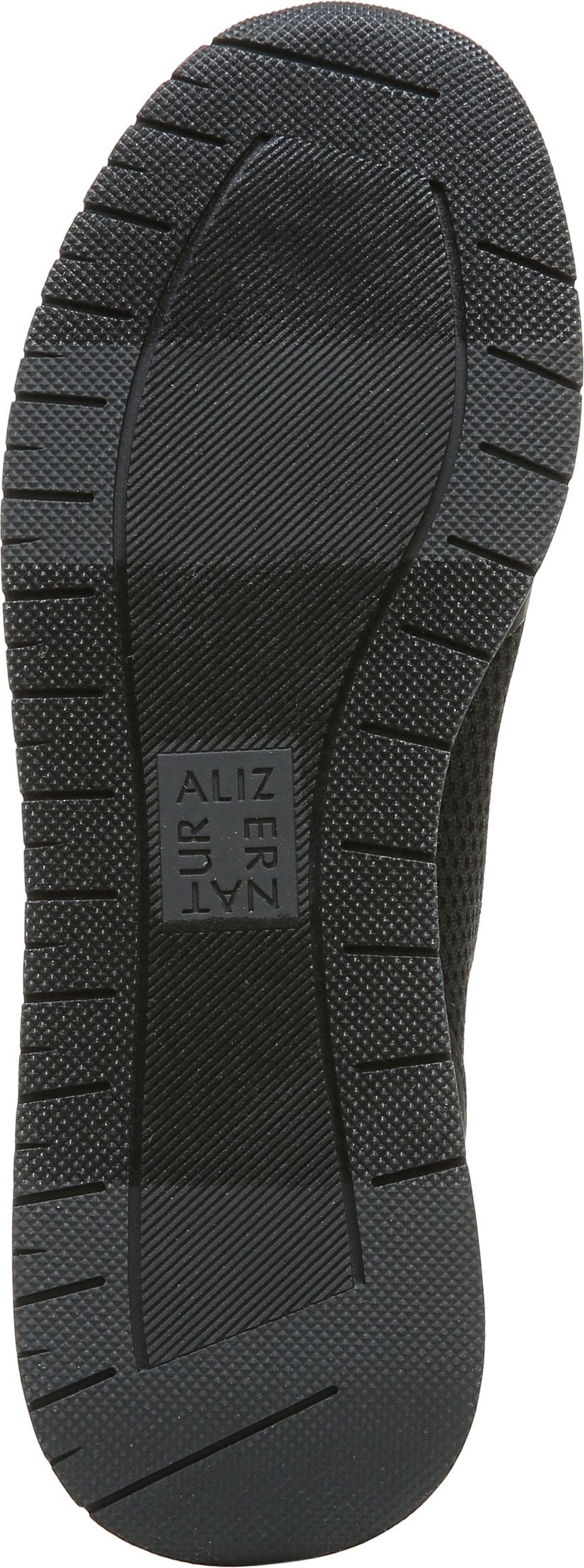 Sole of a shoe with a textured, ribbed pattern and a small logo.