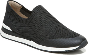 A black slip-on sneaker with a white sole.