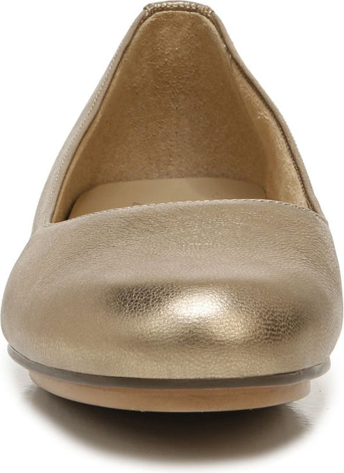Gold ballet flat shoe with a rounded toe and a low heel.