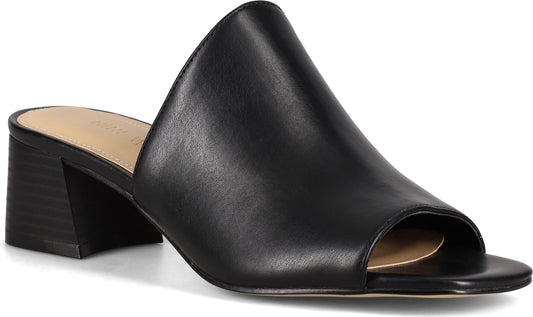 Black heeled mule with open toe.