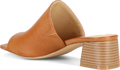 Tan-colored, open-toed mule shoe with a low block heel.