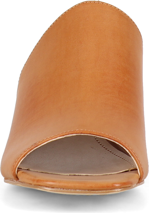 Tan leather heeled mule shoe with open toe.