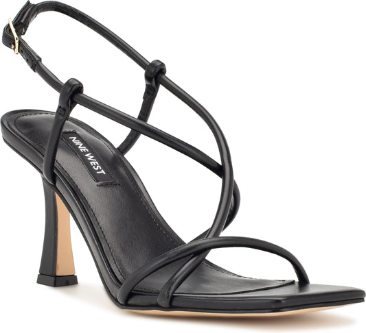 Black high heeled sandal with square toe and adjustable ankle strap.