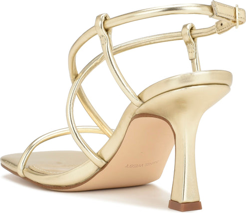 Gold high-heeled sandal with multiple thin straps and an ankle strap.
