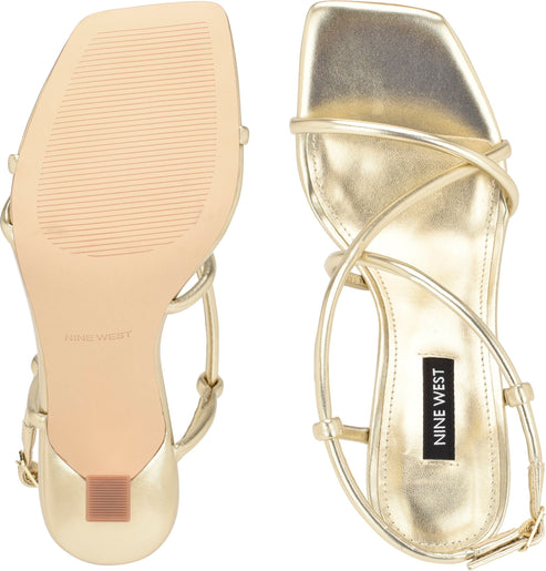 Pair of gold, strappy sandals with square toes.