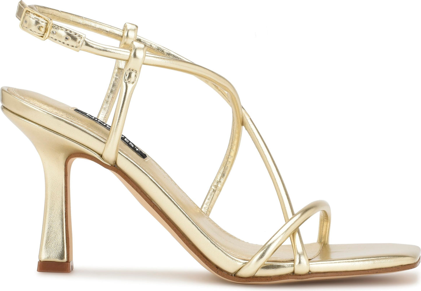 Gold high-heel sandal with multiple thin straps and an ankle strap.