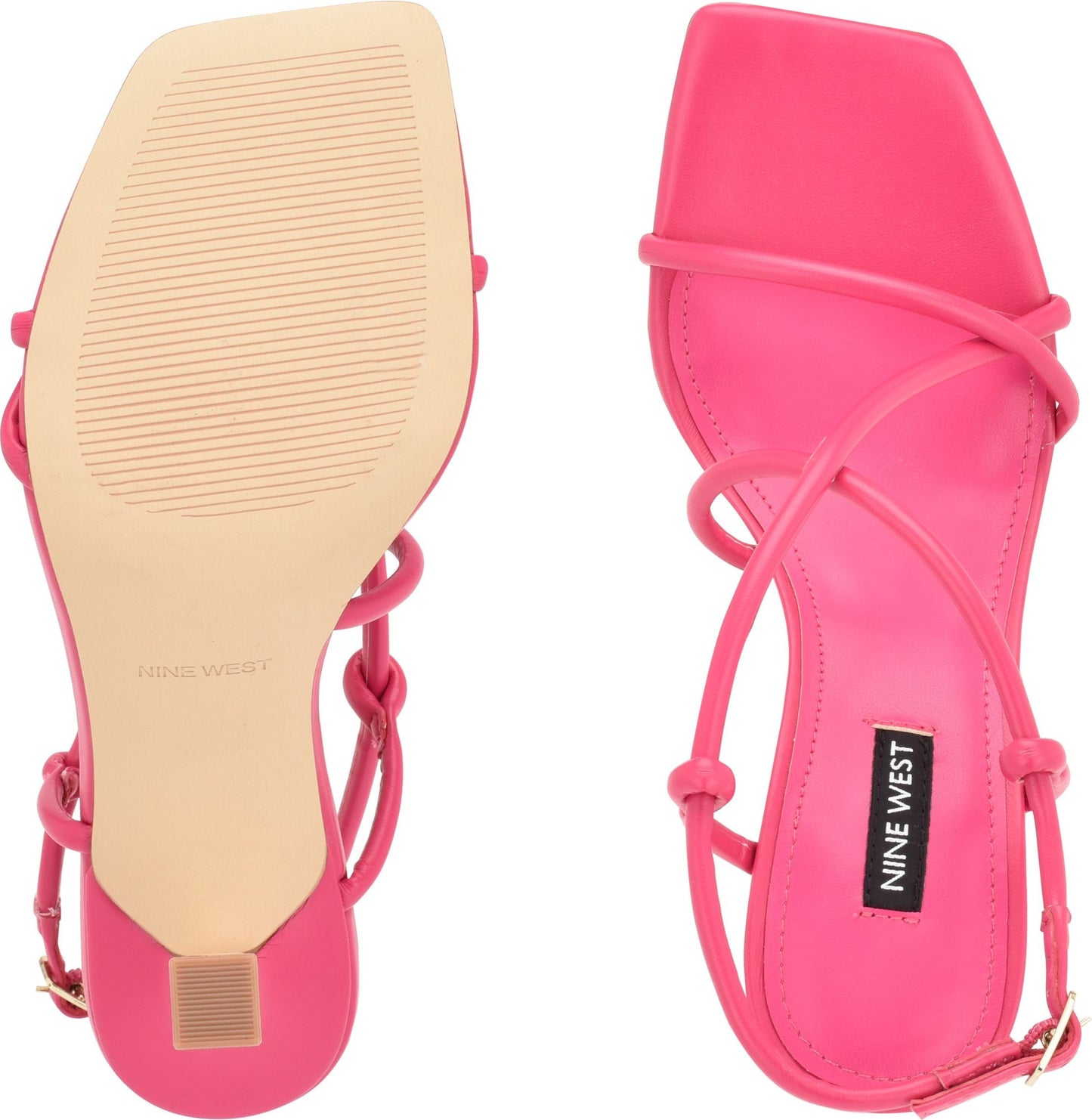 Pair of pink women's Nine West strappy heeled sandals showing sole and insole.
