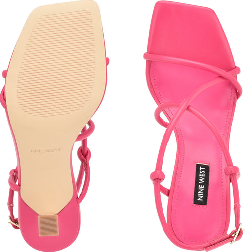 Pair of pink women's Nine West strappy heeled sandals showing sole and insole.