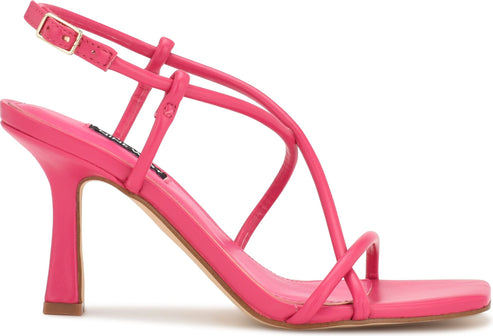 Pink heeled sandal with strappy design and ankle strap.
