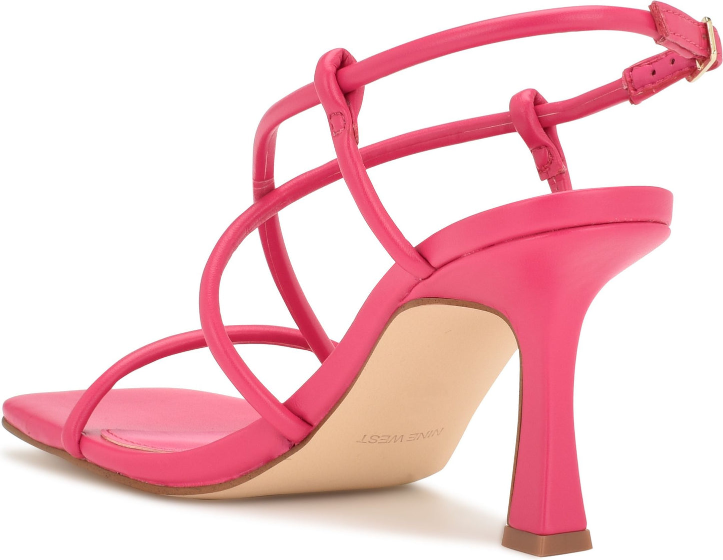 Bright pink high-heel sandal with thin straps and a square toe.