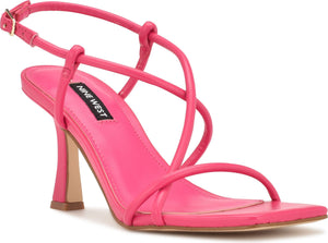Pink high-heeled sandal with multiple thin straps and a buckle.